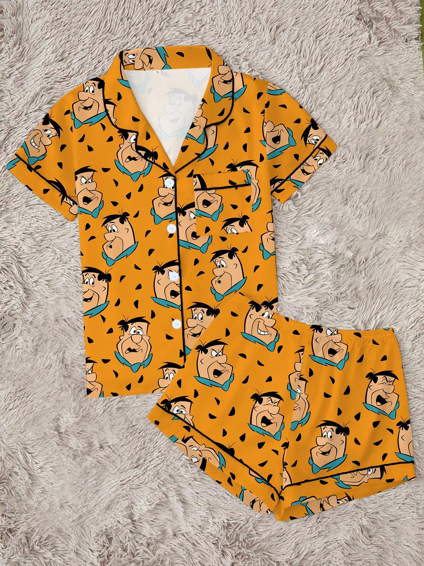 Vintage Cave Man Cartoon Pajama Set, Soft Short Sleeve Button Home Wear, Cute 2-Piece Summer Sleepwear, Fun Casual All-Season Pajamas