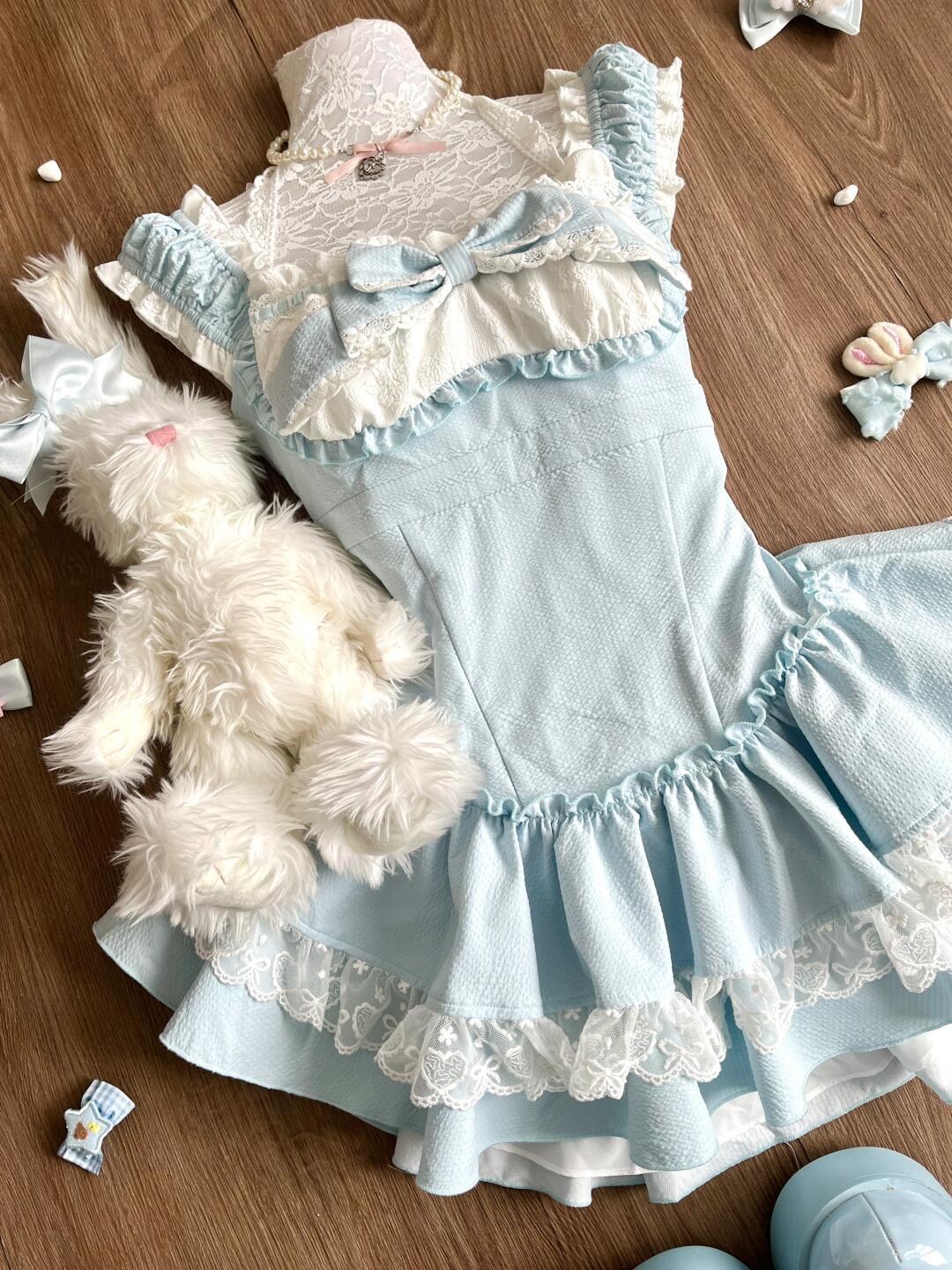 Sweet Blue Lolita Dress Women Lace Ruffle Bowknot Sleeveless Kawaii Princess Style Mini Dress Cute Cottagecore Summer Outfit New
