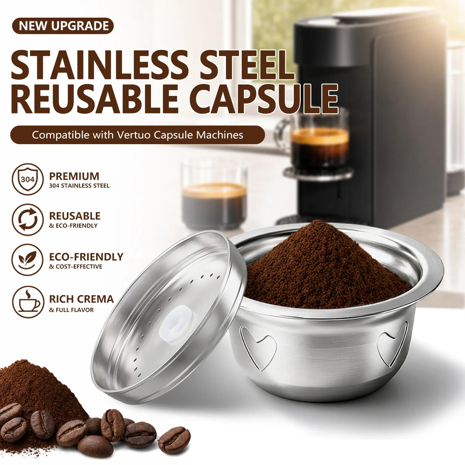 Reusable stainless steel coffee capsule (includes lid, scoop, and cleaning brush); compatible with VertuoPlus, Vertuo Pop, Vertuo Next, and Vertuo Up coffee machines.