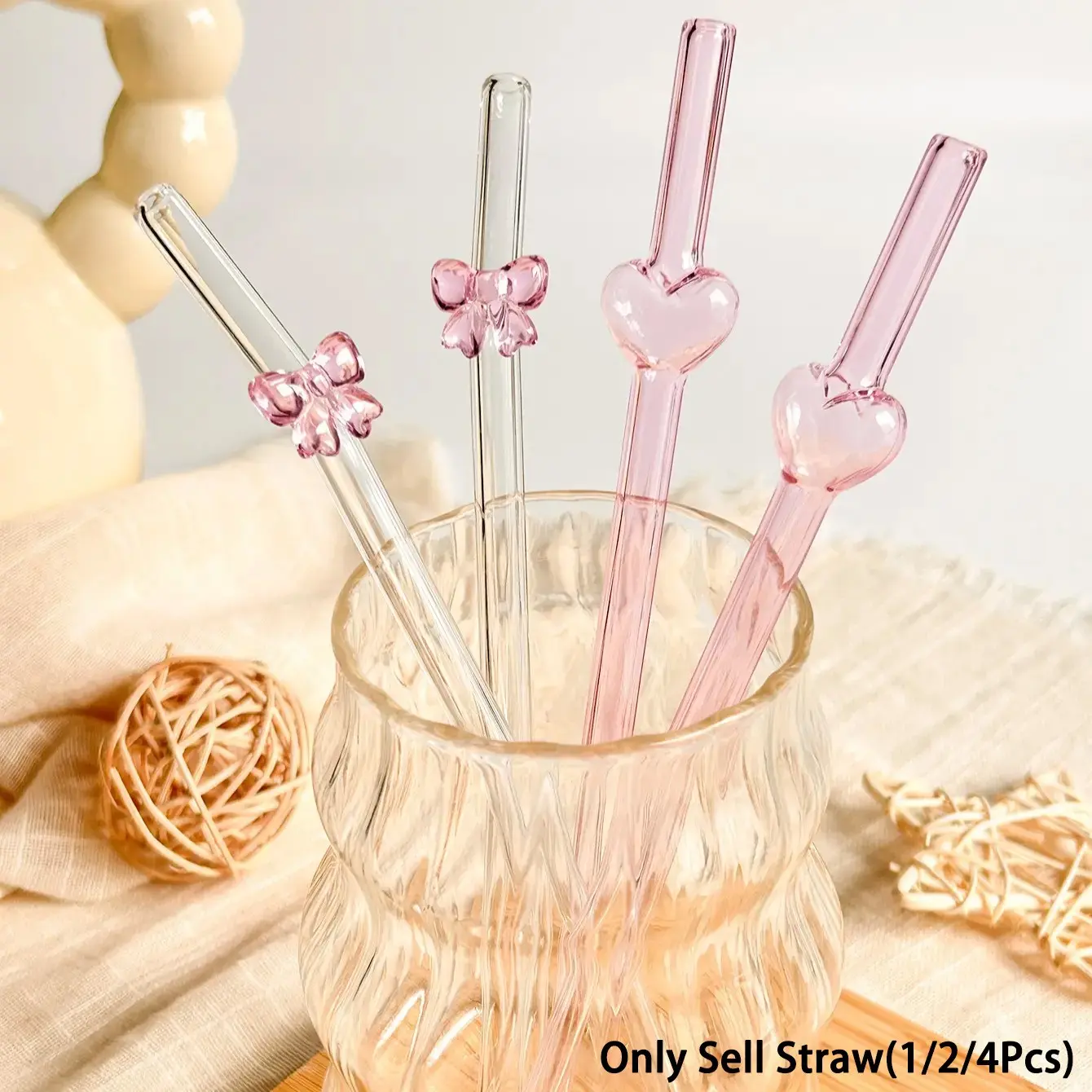 Reusable Glass Straw with Cartoon Bow and Heart Shape, Drinking Straws, Cute Straws, Heat Resistant Transparent Clear Bent Glass Straw for Cold Drinks, Kitchen, Restaurant, Parties