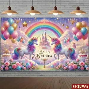 2D Flat Unicorn Birthday Backdrop Banner, Rainbow & Balloon Design, Single-Sided Polyester Fabric, Metal Grommets for Easy Hanging, Magical Girls Party Photo Booth Decoration