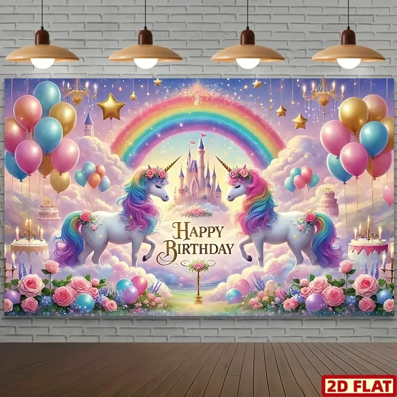 Dreamy Rainbow Unicorn Birthday Banner, Fairy Tale Castle Cloud Balloon Happy Birthday Party Background, Polyester Material, Metal Hooks