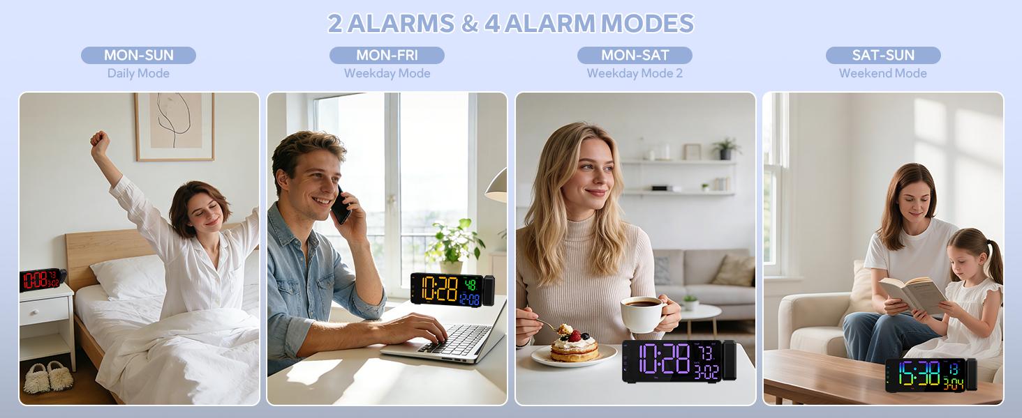 Projection Alarm Clocks, RGB Desk Clock with 180°   Rotatable Projector 15 Color Display, Date Temperature and Weekday, DST, Snooze, Ambient Lighting for Living Room,Bedroom Bedside Office Decor