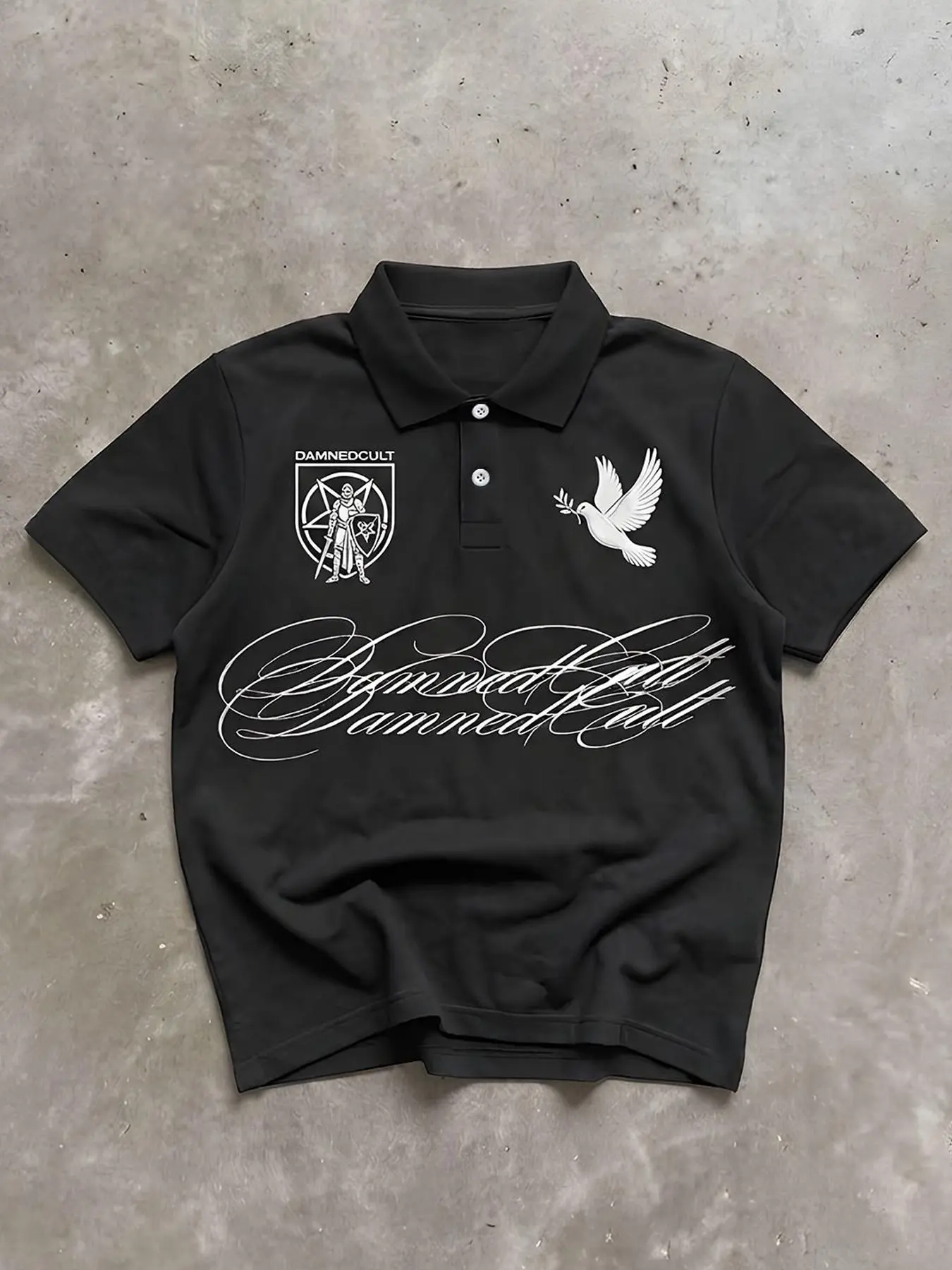 American High Street Base Shield Warrior Man Polo, Casual, Dove, Chicano Script Print, Breathable Cotton, Loose Fit, Summer Commute Essential
