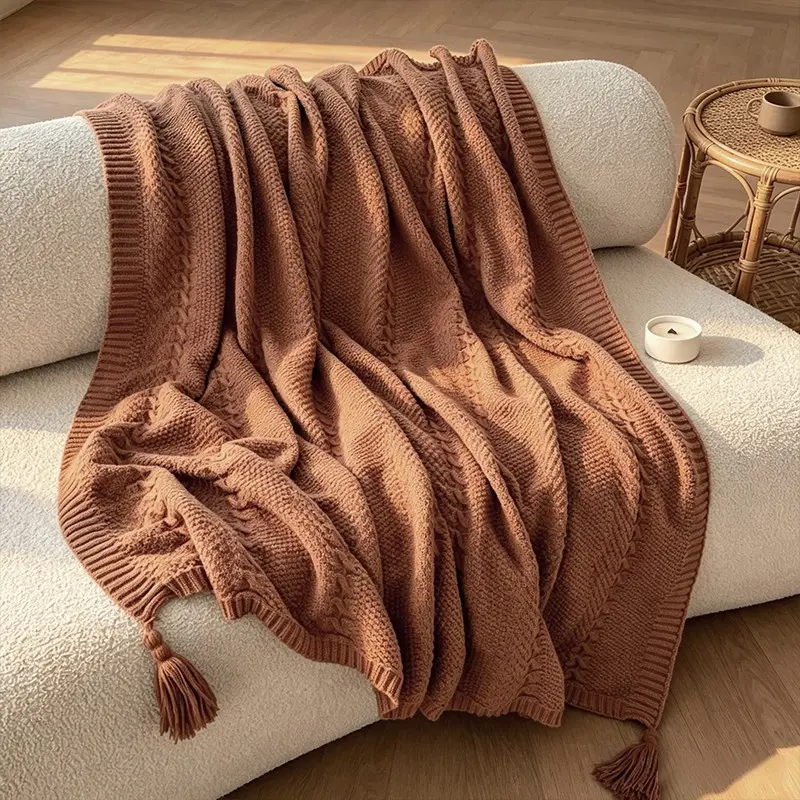 Trendy Neutral Solid Knitted Throw Blanket, Classic Cable Braided Pattern, Tassel Trim, Warm Light Cover, Modern Farmhouse Aesthetic