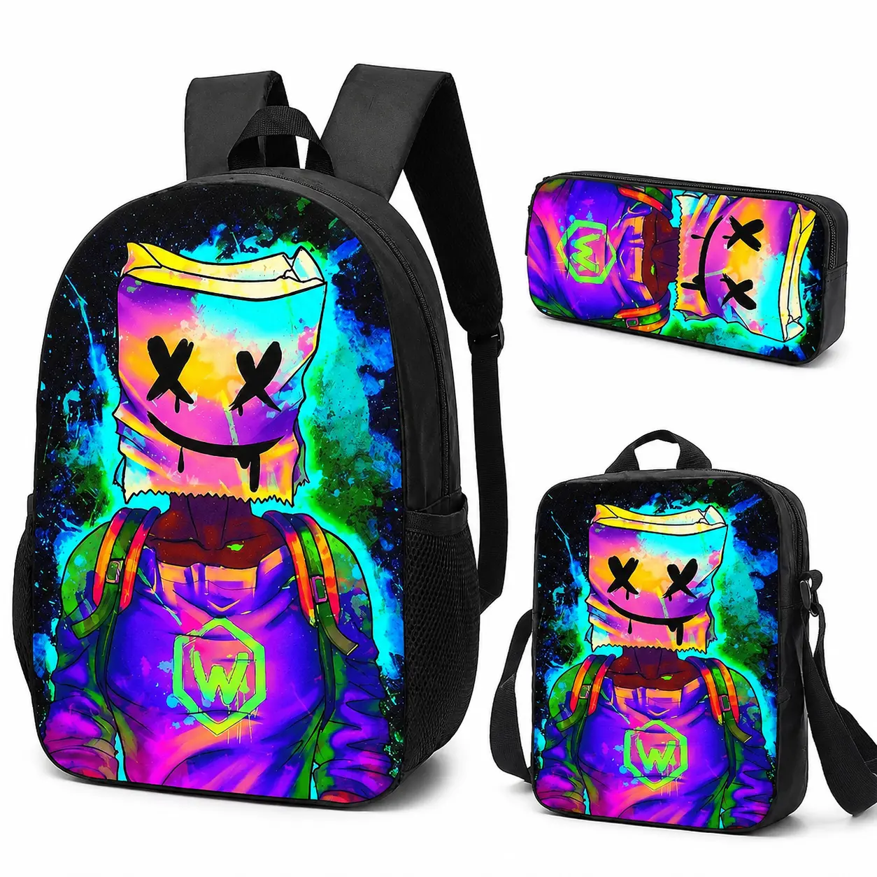 3PCS Kids Neon Cartoon Backpack Set, Colorful Masked Character Print School Bag Set with Backpack, Lunch Bag and Pencil Case, Cool Gamer Style Student Bookbag for Boys Girls, Matching Back to School Gift Set, back-to-school style,reinforce,strap,,Clear