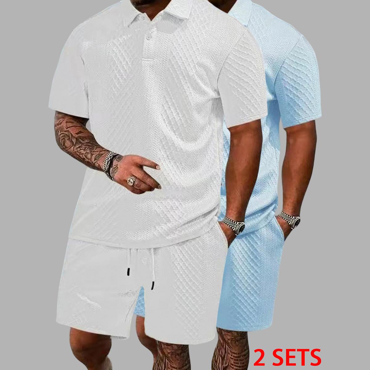 Men's summer casual texture fabric solid color polo shirt T-shirt shorts 2-piece set, loose fit suitable for casual sports, breathable and cool, essential summer outfit, comfortable and versatile  Menswear Plain