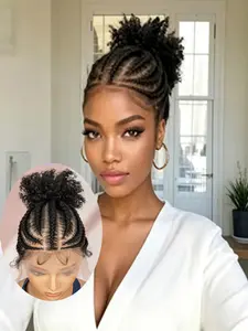 6inch Lace Front Synthetic Cornrow Braided Wig, High Kinky Curly Puff Bun, Hand Braided African Braids Wig for Women, Daily Protective Hairstyle