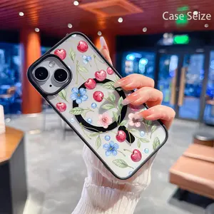 Phone Case - Fresh Cherries Delicate Flowers And Water Drops Adorn Black Border Magnetic Phone Case, Anti-Yellowing Transparent Cover, Bare Machine Feel & Slim Fit.iPhone 17 E Air Pro ProMax iPhone16 15 14 Plus 13 12 Mini 11 X XS XR