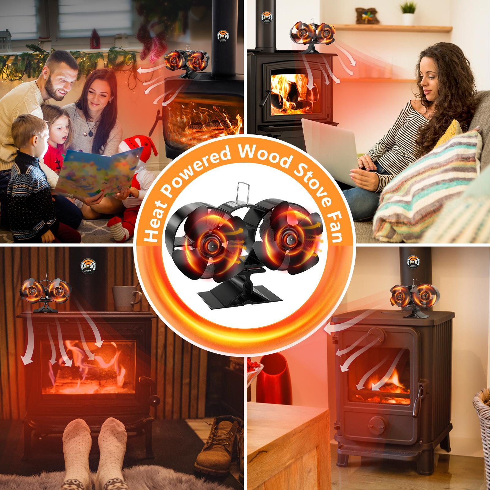 Dual-Motor Heat-Distribution Stove Fan with Thermometer, Quiet-Operating Eco-Friendly Fan for Outdoor Heating, Wood-Burning Outdoor Fireplace Accessory
