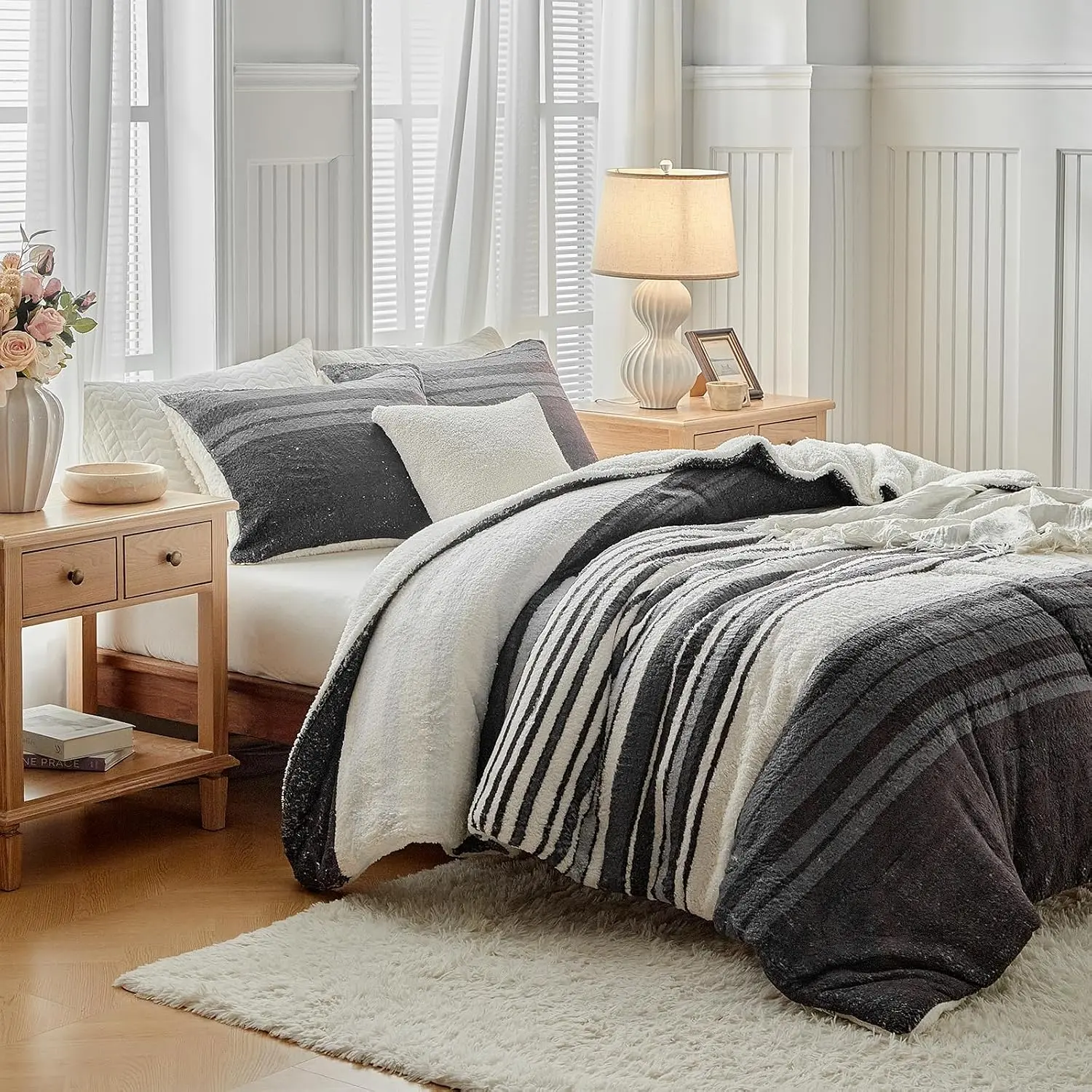 Shaggy Faux  Sherpa Comforter Set  Size 3 count Bedding Set, Reversible Plush Faux Fleece Dark Gray White Stripe Ultra Soft Winter Duvet