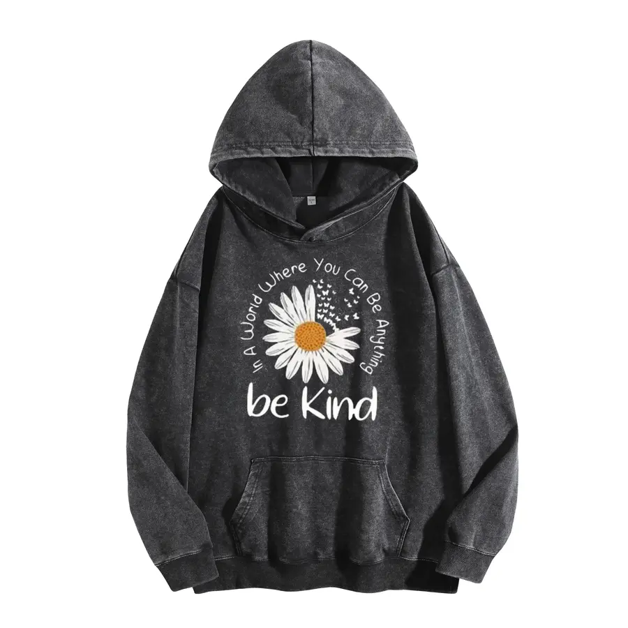 Sunland 2026 Women's Vintage Acid Wash Hoodie, Daisy Print with "Be Kind" Slogan, Inspirational Floral Design, Oversized Loose Fit, Warm Winter Streetwear Casual Pullover