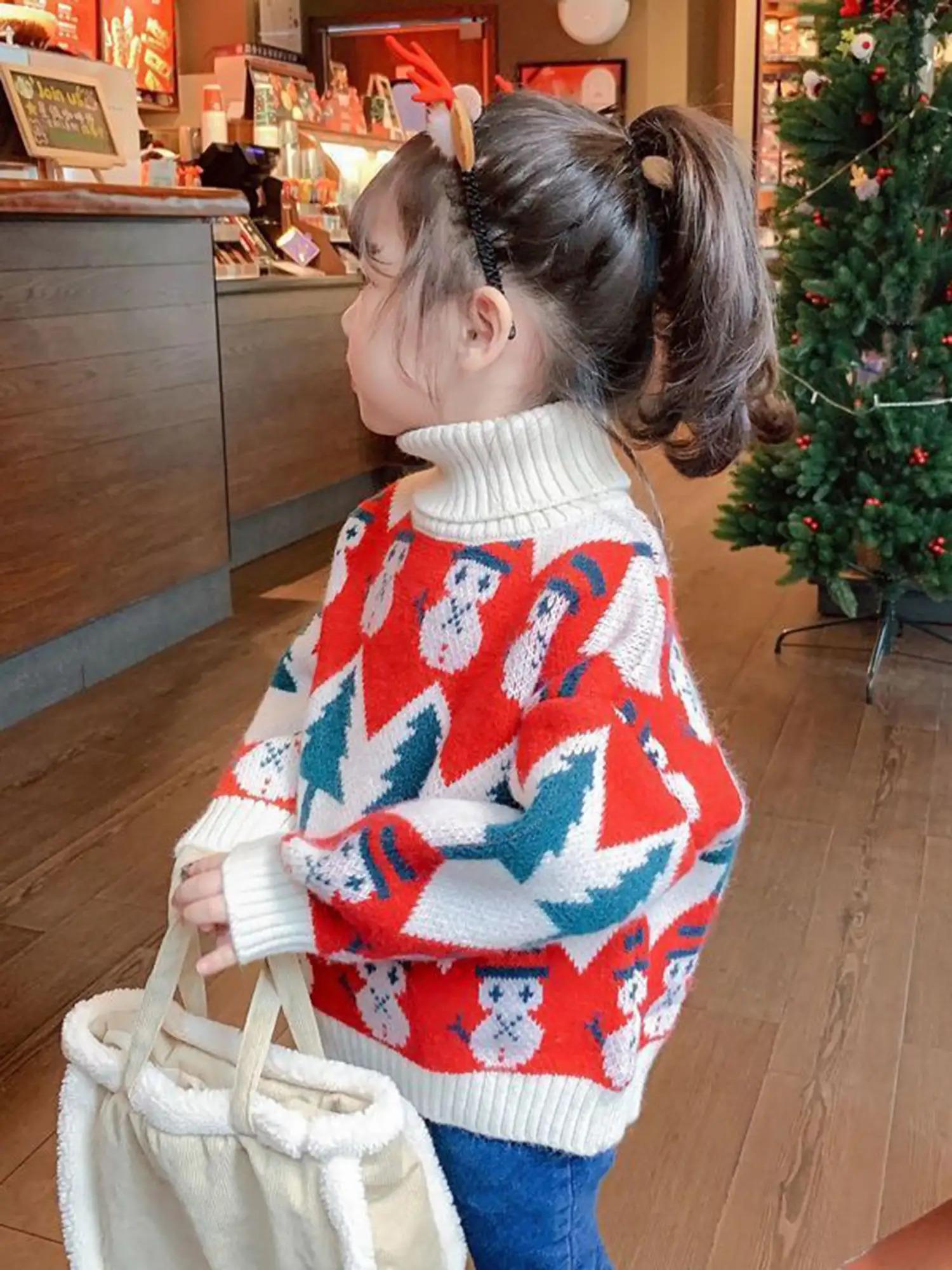 Girls' Red White & Blue Christmas Sweater - Cozy Turtleneck Pullover with Snowman & Tree Pattern, Batwing Sleeves, Loose Fit Winter Outfits for Holiday Parties & Casual Attire (Hand Washable)