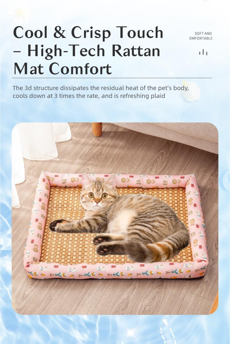 Cool Your Pet Naturally!Rattan Cooling Mat, Ice Silk Surface, Non-Slip, Anti-Scratch, for Crates, Sofas & Travel