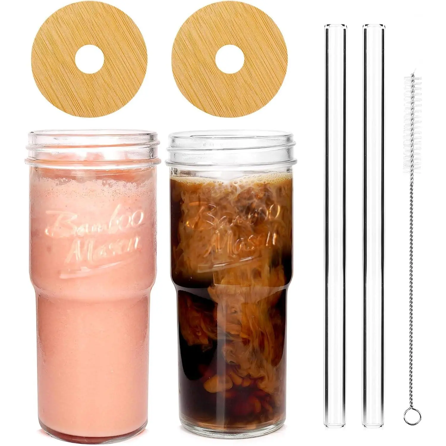Glass Cups with  and Straws 2 Packs, 24oz Travel Coffee Mug Wide Mouth  Mason Jar Iced Coffee Cup Smoothie Cup Glass Tumbler  Cup Clear Cute Water Cups Drinking Jars Glasses