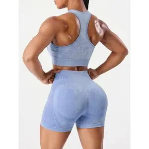 Women 2 Piece Seamless Tie Dye Workout Outfit athleisure Set, Racerback High Elastic Support Sports Bra + High Waist Scrunch Butt Lifting Yoga Shorts, Tummy Control Soft Activewear Suit for Gym Yoga Running Daily Casual Wear
