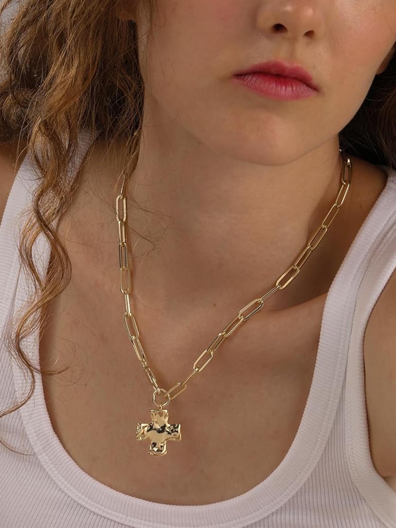 Chunky Cross Necklace for Women Trendy Gold Silver Layered Statement Cross Chain Design Pendant Charm Necklace Vintage Paperclip Herringbone Snake Choker Chain Costume Jewelry Set Gift Non Tarnish