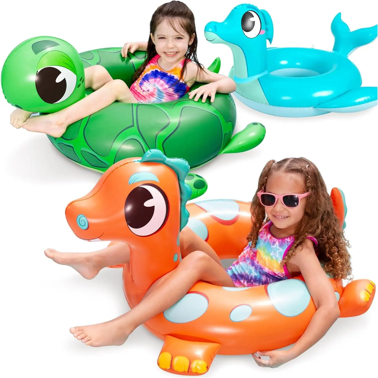 3-Pack Inflatable Pool Tubes Floats - Dinosaur, Sea Turtle & Dolphin Swimming Rings for Kids Toddler, Pool Beach Water Float Party Summer Decorations 32"