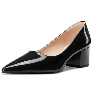 Womens Chunky Block Mid Heel Pumps Pointed Toe Slip-on Office Party Dress Patent Leather Shoes 2.0 Inches Heels
