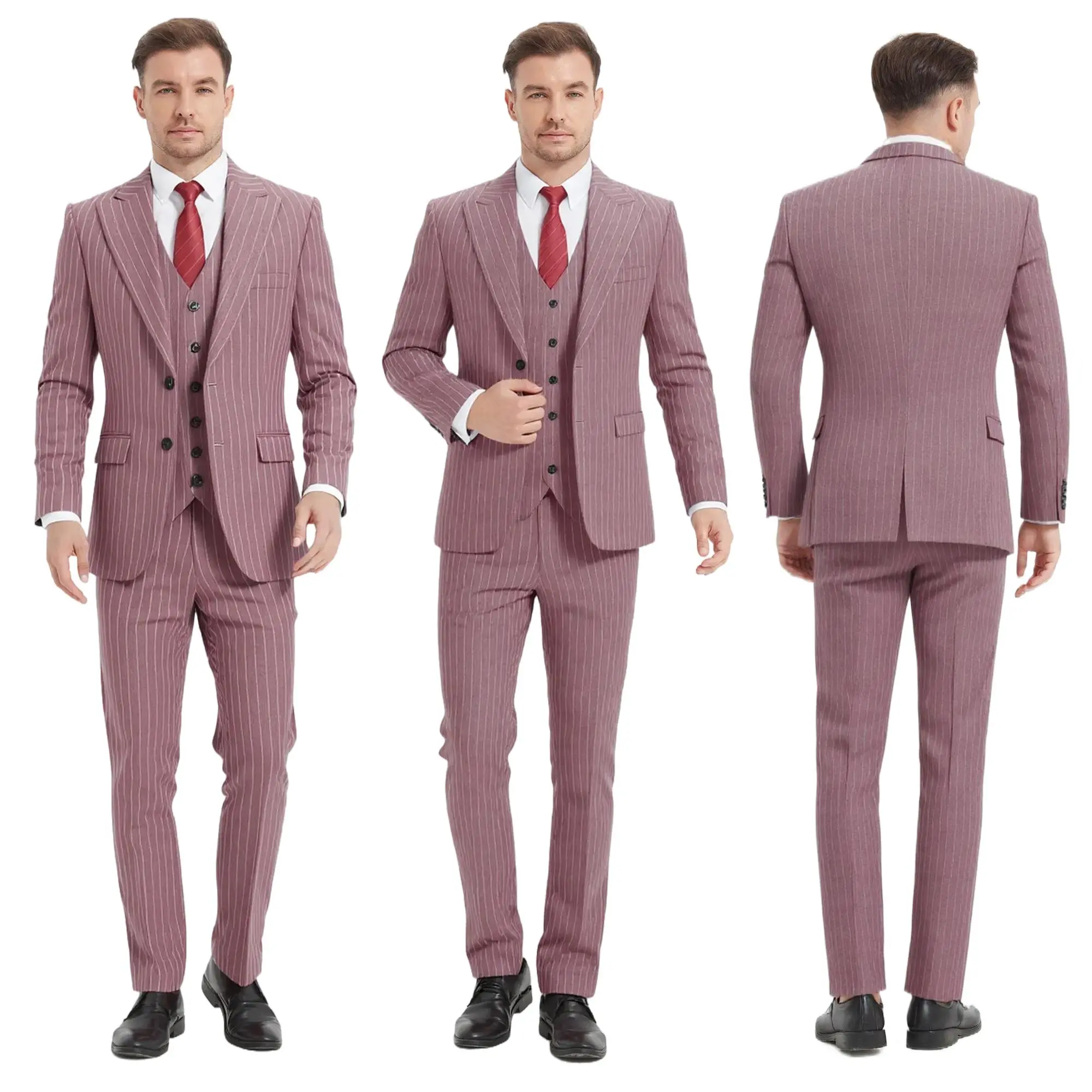 Men's 5-Piece British-Inspired Striped Suit Set - Tailored Fit Aesthetic Formal Wear for Parties & Workwear, Includes 2 Bow Ties