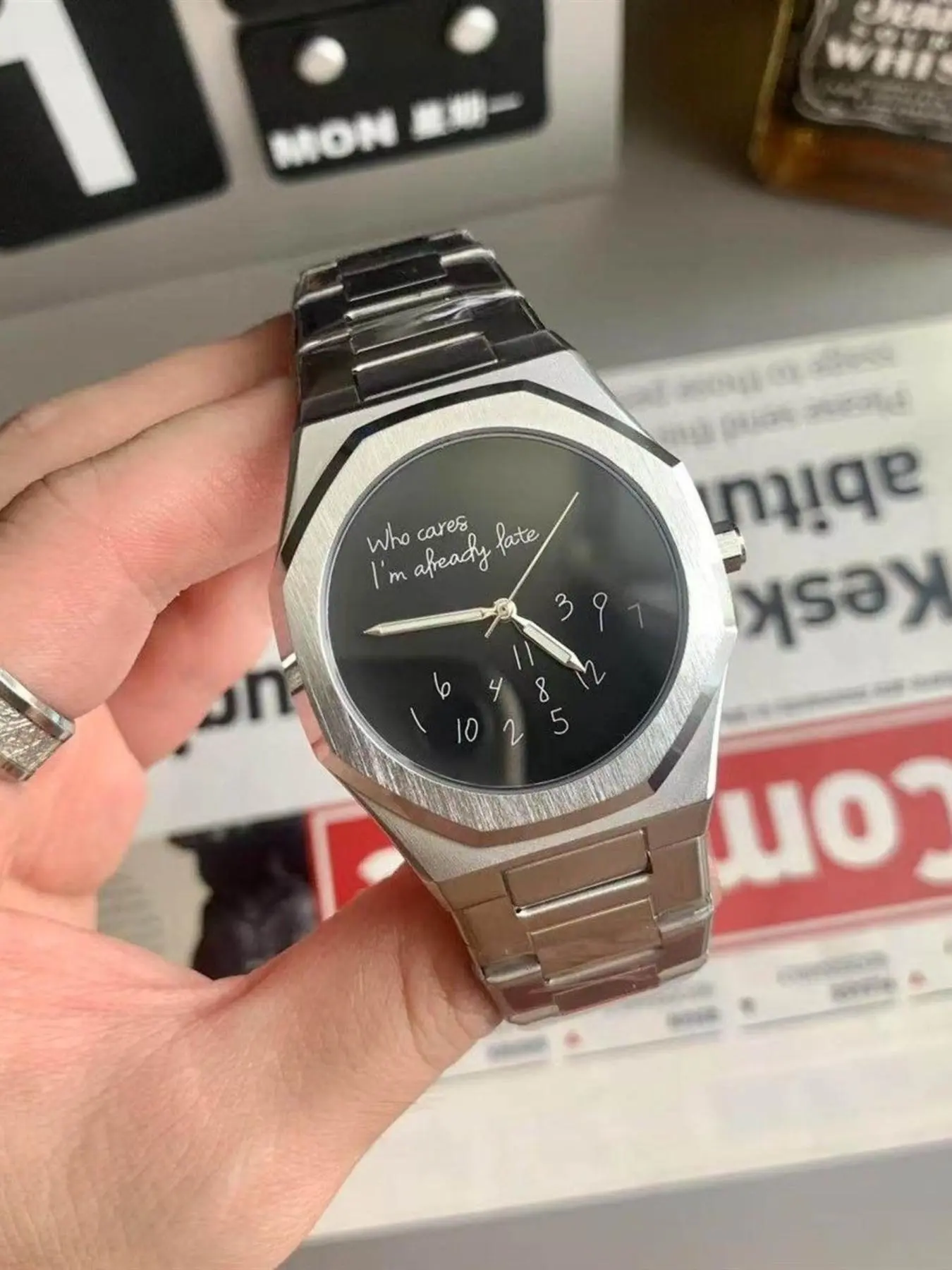 Cold Style Funny Quartz Watch, Brushed Silver Steel Octagonal Case, Offset Numbers Dial, English Slogan Design, Silver Color Strap Trendy Watch, Modern Wristwatch