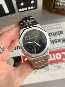 Cold Style Funny Quartz Watch, Brushed Silver Steel Octagonal Case, Offset Numbers Dial, English Slogan Design, Silver Color Strap Trendy Watch, Modern Wristwatch