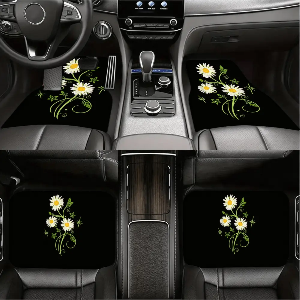Custom Car Floor Mats, Automotive Interior Accessories, White Daisy Floral Pattern With Green Vines, Durable Non-Slip Rubber Backing, Universal Fit For Sedan Suv Truck Drivers, Full Set 4 Piece Kit
