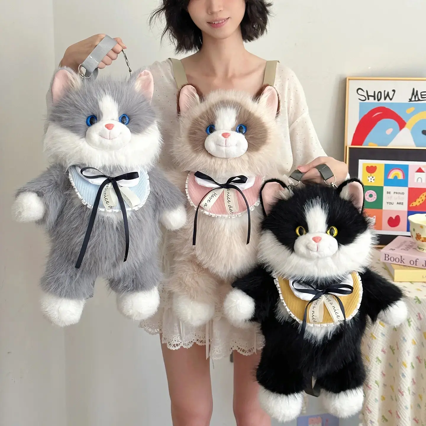 Realistic Ragdoll Cat Plush Adjustable Backpack - Soft Stuffed Kawaii Functional Bag, Cute Furry School Backpack for Women, Ideal Birthday Valentine's Day Gift, Backpack For School