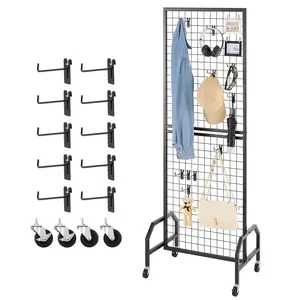VEVOR Grid Wall Panel, 1.9x 5.4 ft Wire Grid Panels Display Rack, Movable Art Display Shelf with Wheels and 10 Hooks, Black Carbon Steel Gridwall for Craft Show, Decoration, Storage, Notice Board