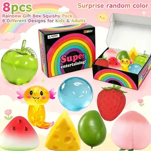 Rainbow Gift Box Fruit & Animal Squishy Toy Set 8 Pack, Soft Transparent & Solid Squeeze Toys, Portable Anxiety Relief Sensory Fidgets, Ideal Surprise Gifts for Kids & Adults