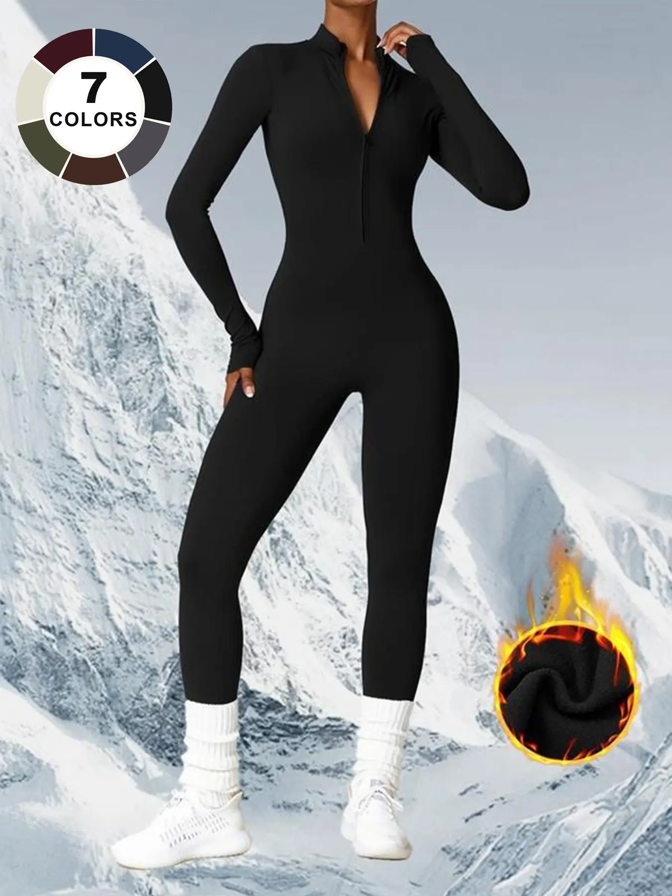 Women's Thin Fleece Zipper Long Sleeve Yoga Jumpsuit, Workout Tight Jumpsuit, Moisture-Wicking Ski Suit, Quick-Dry Warm Fall Winter Jumpsuit