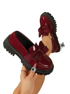 Women's Bowknot Round Toe Loafers, Height-Boosting Chunky Sole, Casual PU Leather Shoes, All Seasons Slip-On Office Shoes