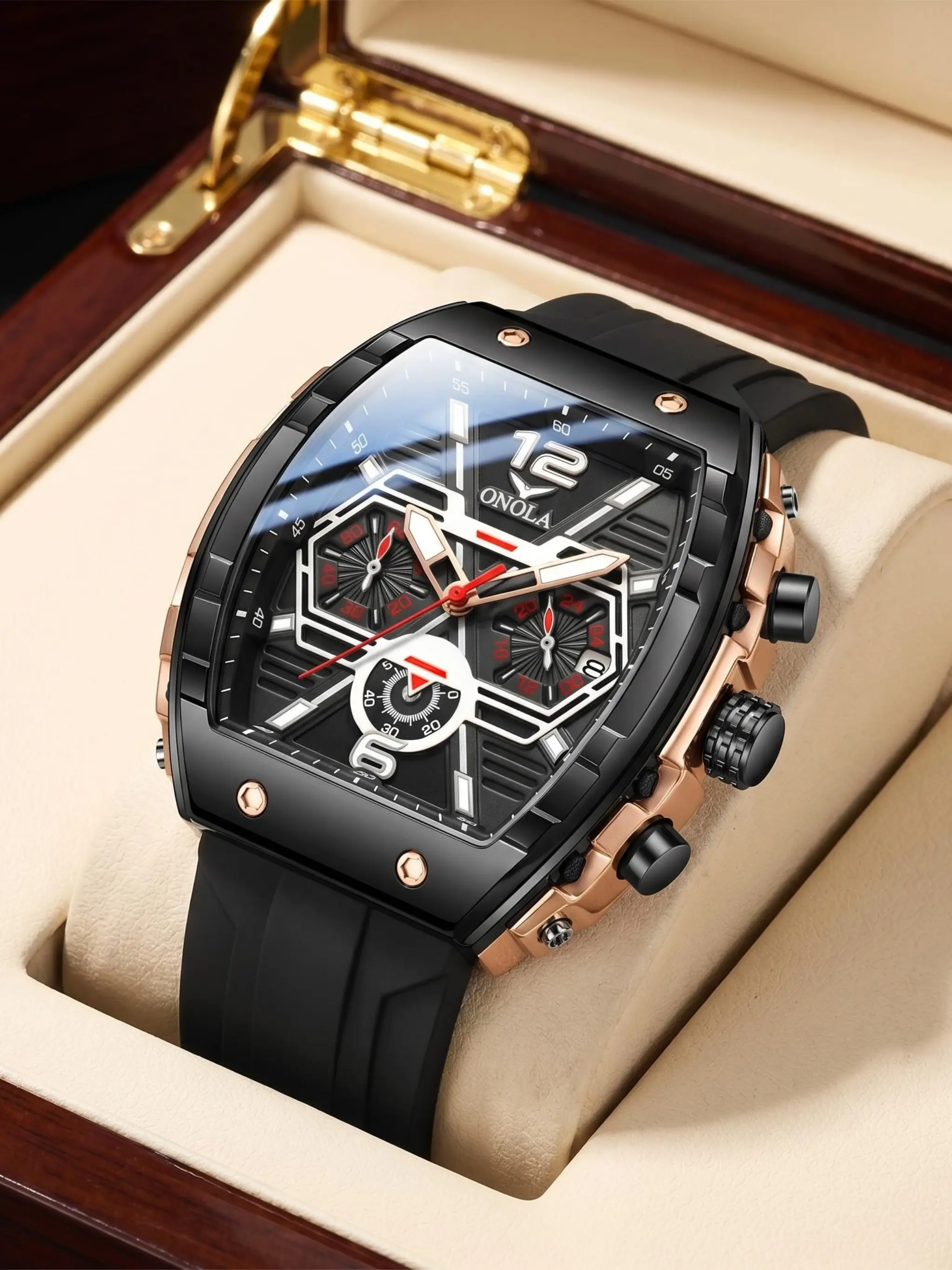 ONOLA Men Quartz Watch Tonneau Chronograph Wrist Watches Male Business Watch Luxury Fashion Trendy Quartz Watch Hollow Dial Male Sports Watch Daily Gift Watch For Gentleman