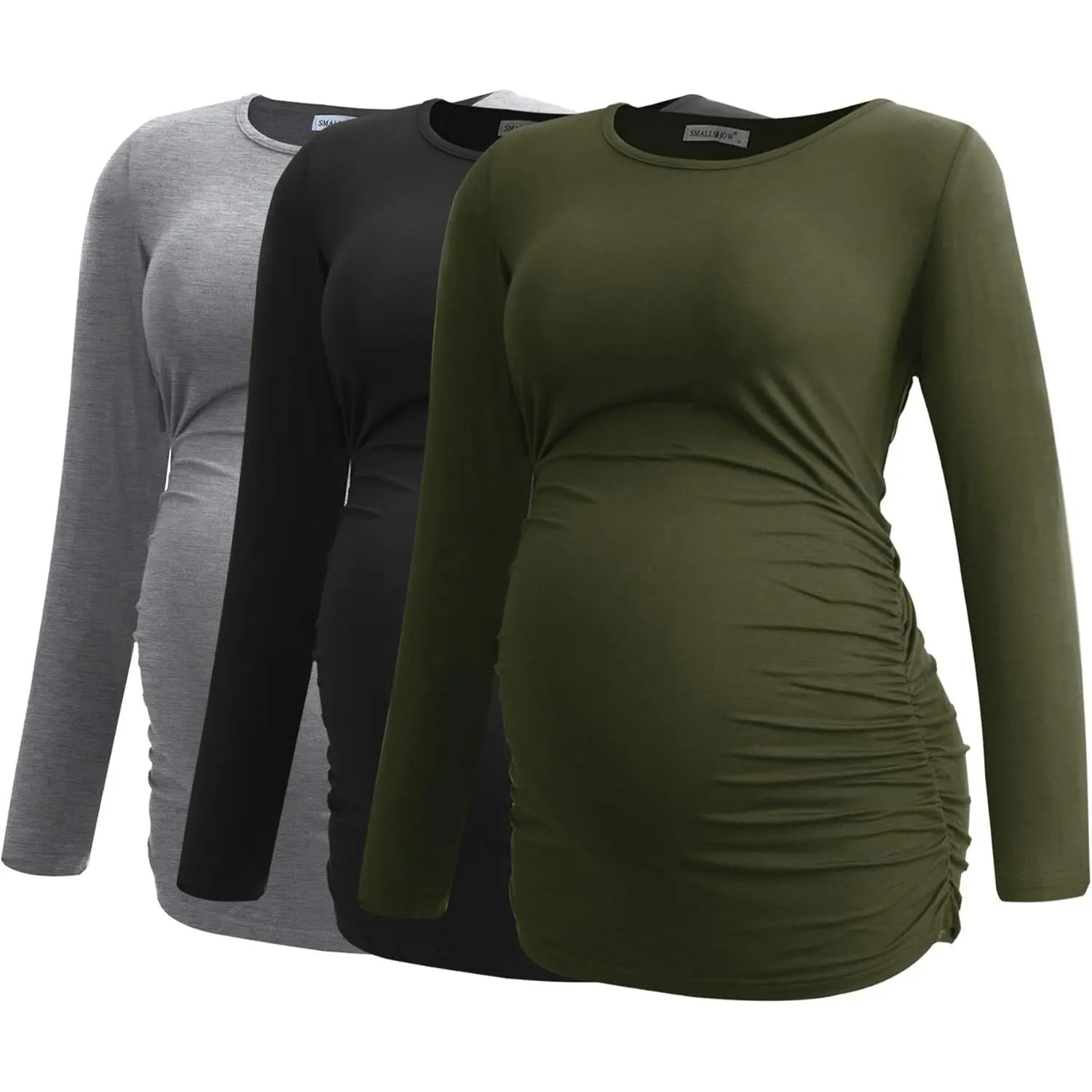 Women's Maternity Long Sleeve Tops, 3-Pack Casual Side Ruched T-Shirts for Pregnancy, Army Green/Black/Grey, Casual Wear, Maternity Shirts, Full Sleeves, Plain, Pregnancy Maternity Clothing & Accessories