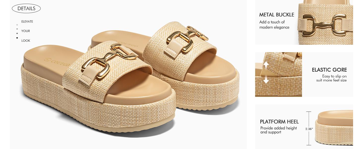 Coutgo Womens Platform Sandals Raffia Espadrilles Metal Chain Slip on Open Toe Cute Beach Slide Sandals