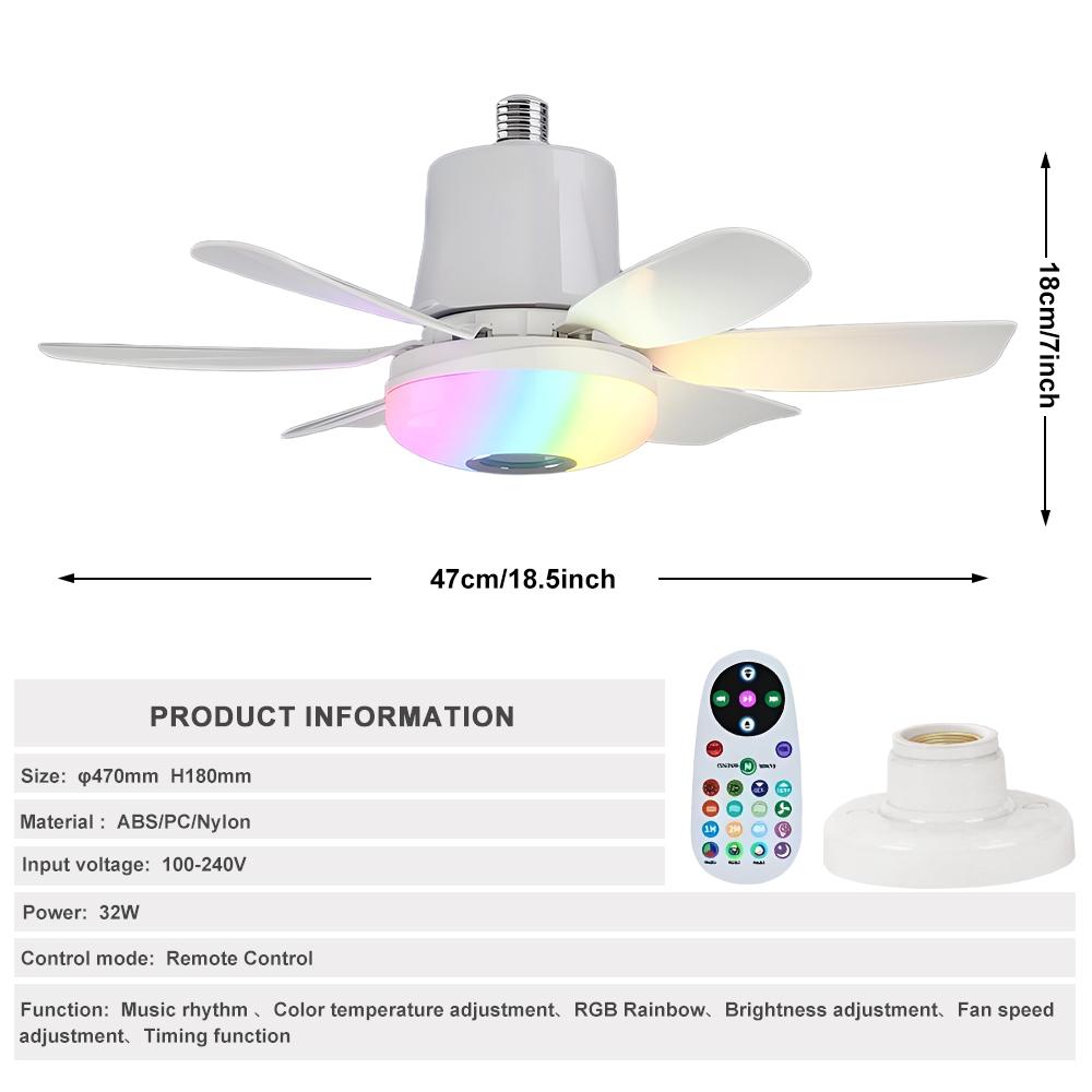 Remote Control Ceiling Fan Light with Bluetooth-compatible Speaker, RGB Fan Light with 3 Adjustable Brightness Levels, No Noise for Small Bedrooms and Indoor Parties