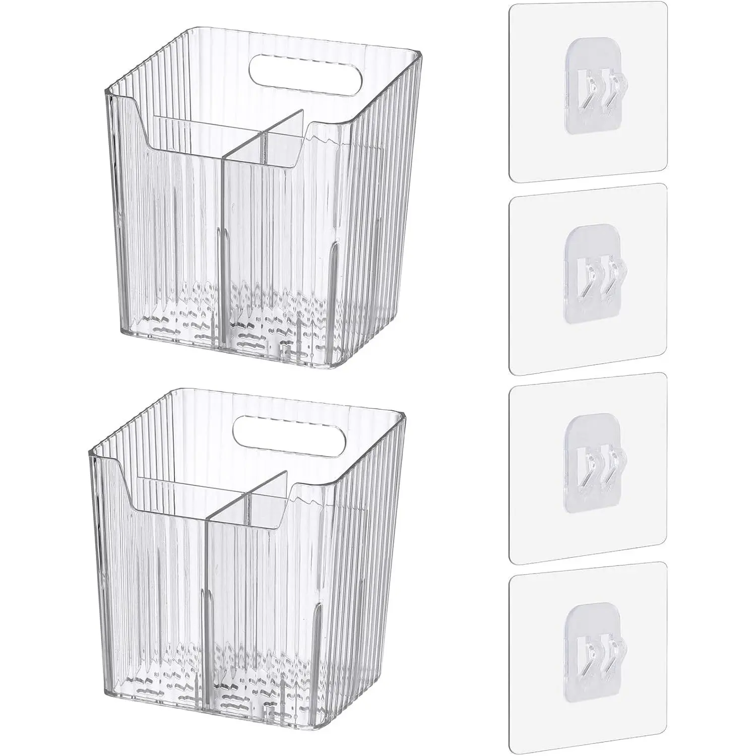 2 count Storage Organizer Bins, Wall Shower  , Clear | with Dividers & 4 Adhesive Pads, No Drill, Renter Friendly,  , Fits Bathroom, Apartment, RVs, Cabinet/Pantry Door