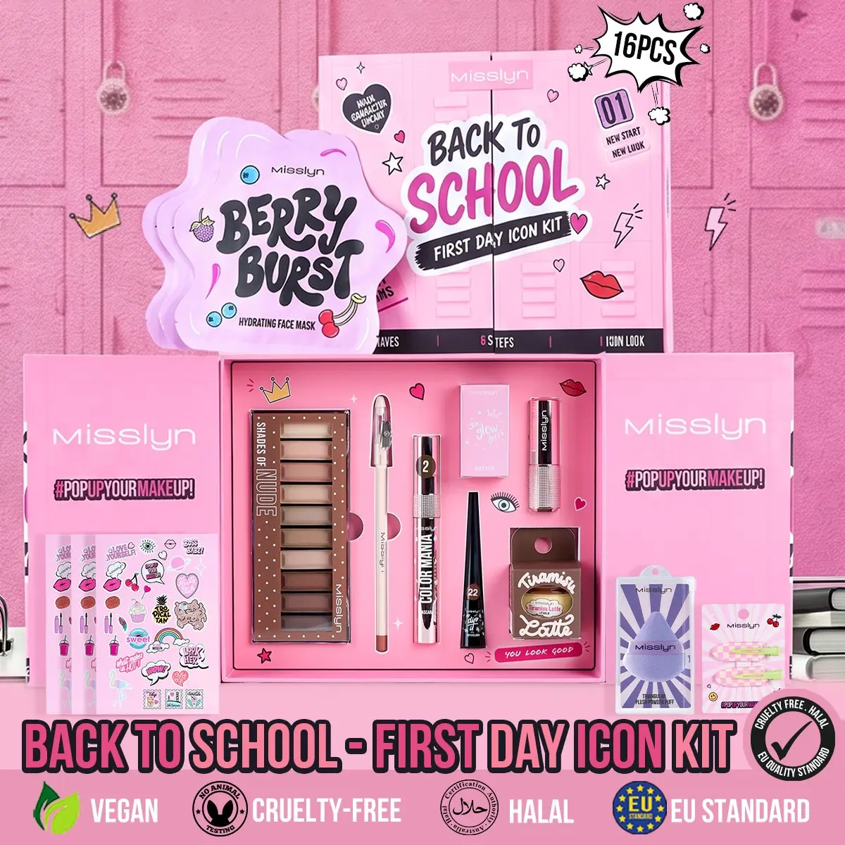 Misslyn 16pcs Back to School Makeup Kit, Cosmetic Set, Full Beauty Gift Box for Campus Daily Life, Vegan & Cruelty-Free Eyeshadow Lip Liner Set
