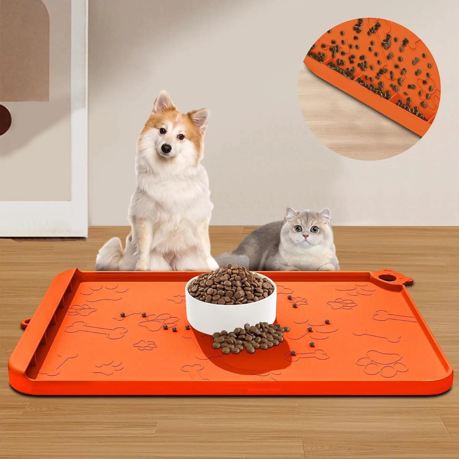 Mat,   Mat for  and Water - Feeding Mats with  Collection Pocket,    Bowl Mats with Raised Edges and Hooks, Placemats for Cats and Dogs Water Bowl