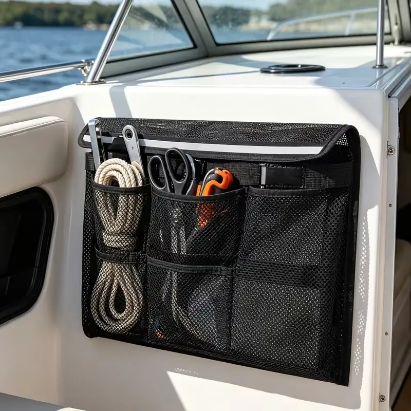Self-Adhesive PVC Mesh Storage Bag With Sealable Lid, Reflective Heavy Duty Boat Mount Organizer Pocket, Stick-On Marine Storage Pouch For Storing Gloves, Flashlights And Small Boat Accessories