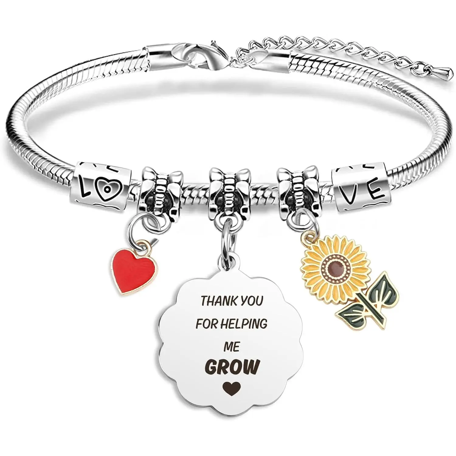 Aelciyue Women's Stainless Steel Heart Symbol Engraved Plate Link Bracelet with Lightweight Sunflower Charm - Teacher Appreciation Thank You Gift for Valentines Day, End of Year
