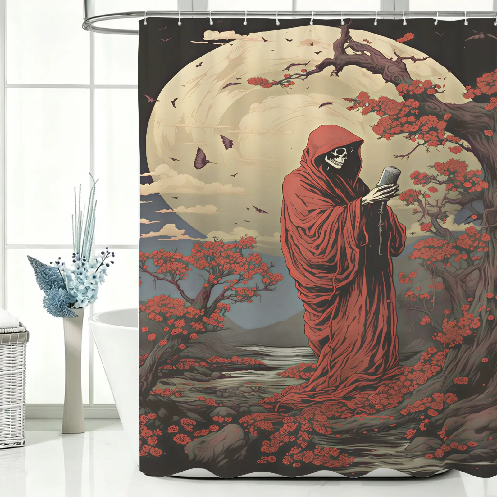 Dark Reaper Aesthetic artistic skull figure print shower curtain, includes 12 hooks, waterproof and washable fabric, decorative partition curtain suitable for home, dorm and hotel bathrooms