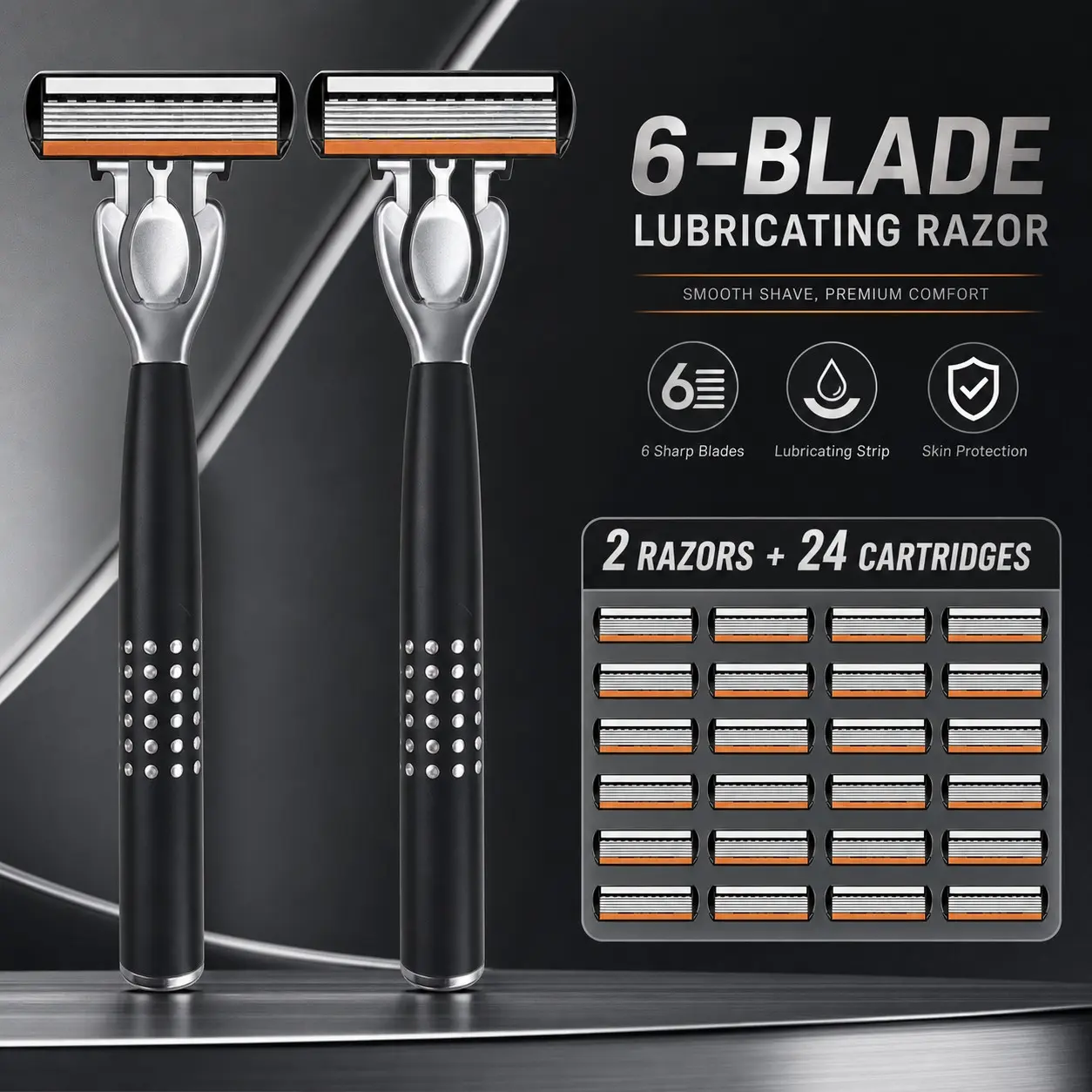 Men's Manual Shaving Kit, Razors Set, 6-Layer Anti-Slip Handle, Stainless Steel Shaver, 2 Razors + 24 Replaceable Heads, Smooth Shave, Travel-Friendly, Durable