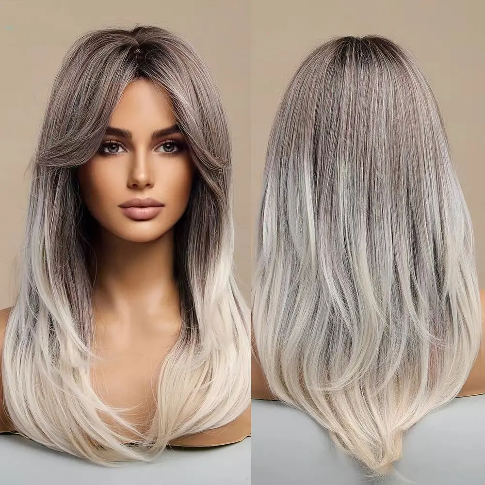 Cross-border European and American wigs, middle-parted long straight hair with side bangs, gradient color, high-temperature synthetic fiber, machine-made rose net cap wig