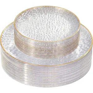 60Pcs Clear Plastic Plates,Clear Disposable Plates With Gold Rim,Heavy-duty Gold Plates,Hammered Party Plates Include 30Clear Dessert-Platos,30Dinner-Platos for Wedding, Party