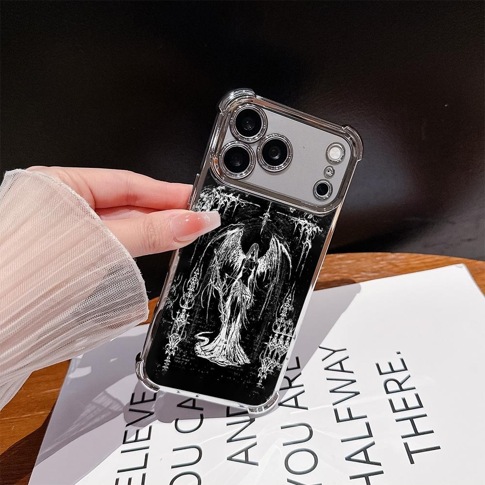Phone Case for iPhone 17 Pro Max Air 16 15 14 13 12 11 Plus Gothic fallen angels Pattern Four Corner Anti-Fall Phone Case Transparent Electroplated Protective Cover