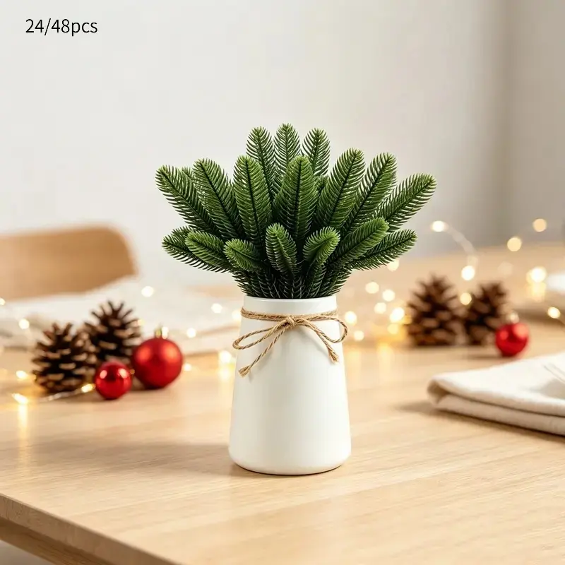 24/48pieces of realistic, full-bodied Christmas pine needles, evergreen and low-maintenance, bendable, suitable for decorating desktop vases, DIY wreaths, gift boxes, and Christmas party arrangements, Faux Greenery Plants