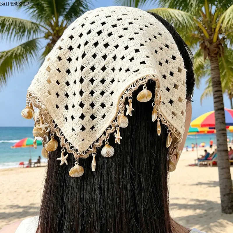 Women's 1pc Polyester Crocheted Beige Seashell-Starfish Bandana - Hollow-Out Tasseled Boho Headband, Lightweight Summer Headwrap, Fashion Hair Accessory for Beach, Daily Outfits spring autumn travel beach vacation snapback fit cute cap men