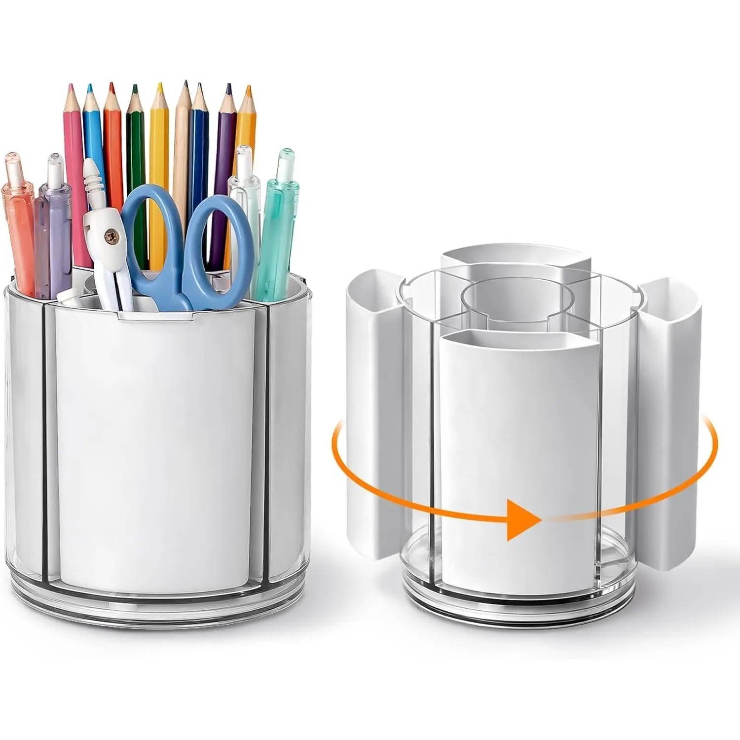 360° Rotating Pen Holder for Desk Adjustable Pencil Organizer, Gray-White | Plastic Pen Cup for Women Cute Office Supplies and Accessories Desktop Storage Box Art  for School, Work,