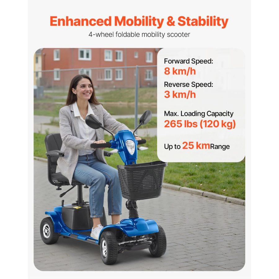 VEVOR Heavy-Duty 4 Wheel Mobility Scooter for Adults Seniors - Folding Electric Powered Mobility Scooter 12 Mile Long Range, Travel Scooter with 9 Climbing Capacity, 265lb Capacity